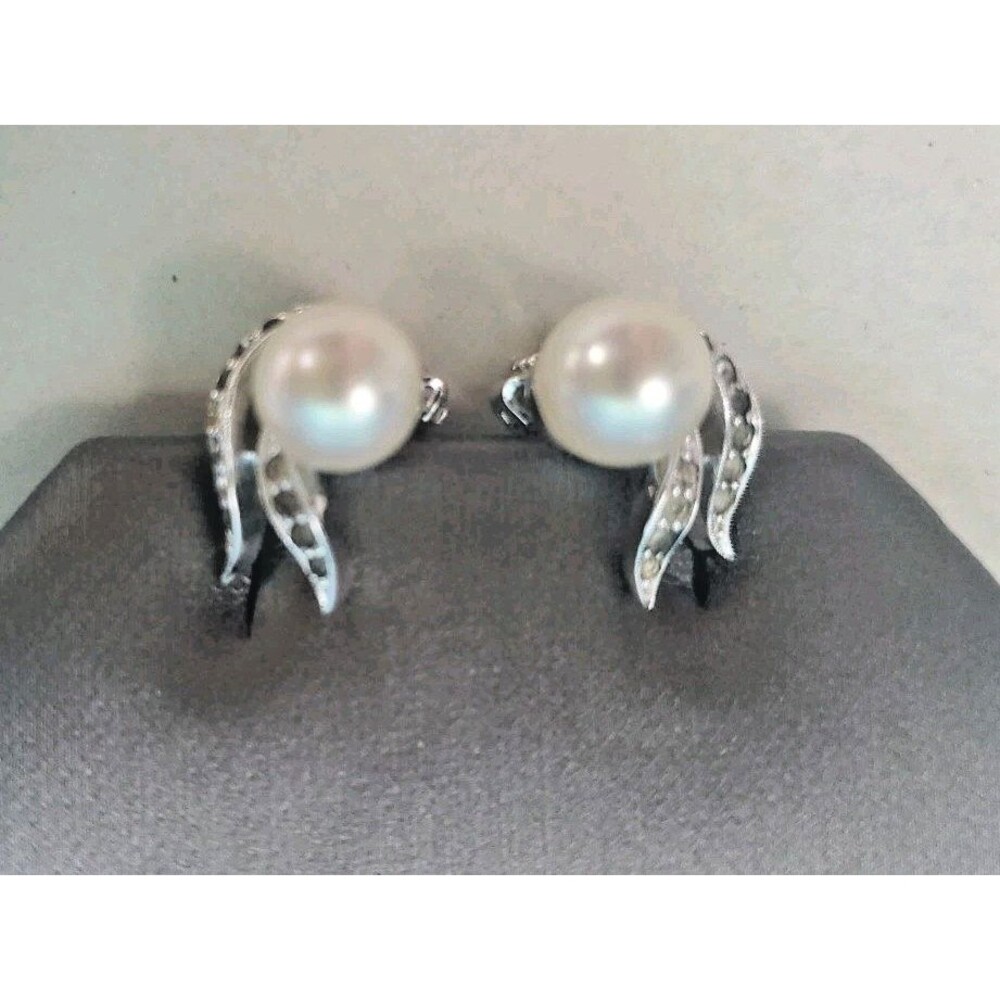 Vintage Panetta Pearl Rhinestone Clip On Earrings Silver Tone Art Deco Style...
